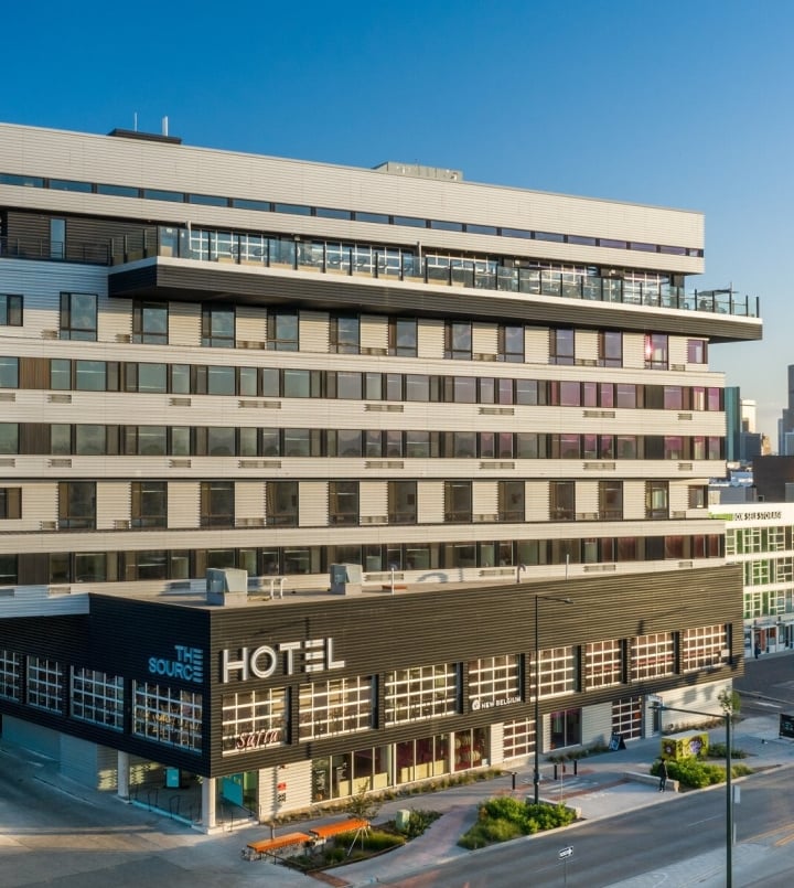 exterior of source hotel in rino district in denver colorado showing hotel