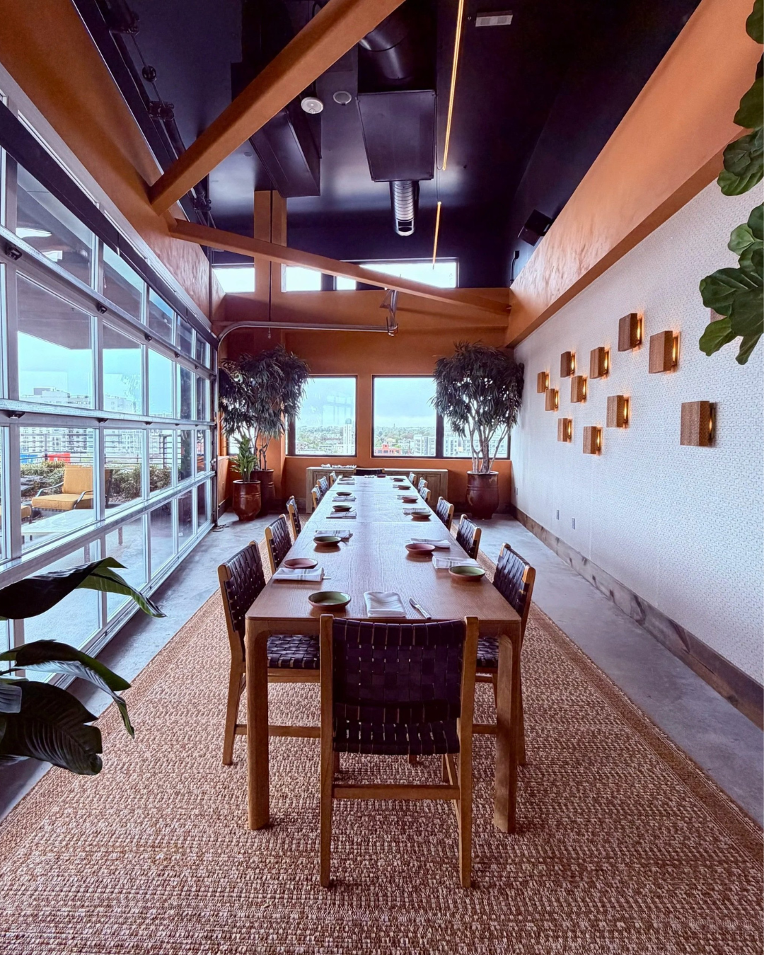 A long dining table with chairs set for a meal in a room with large windows and plants.